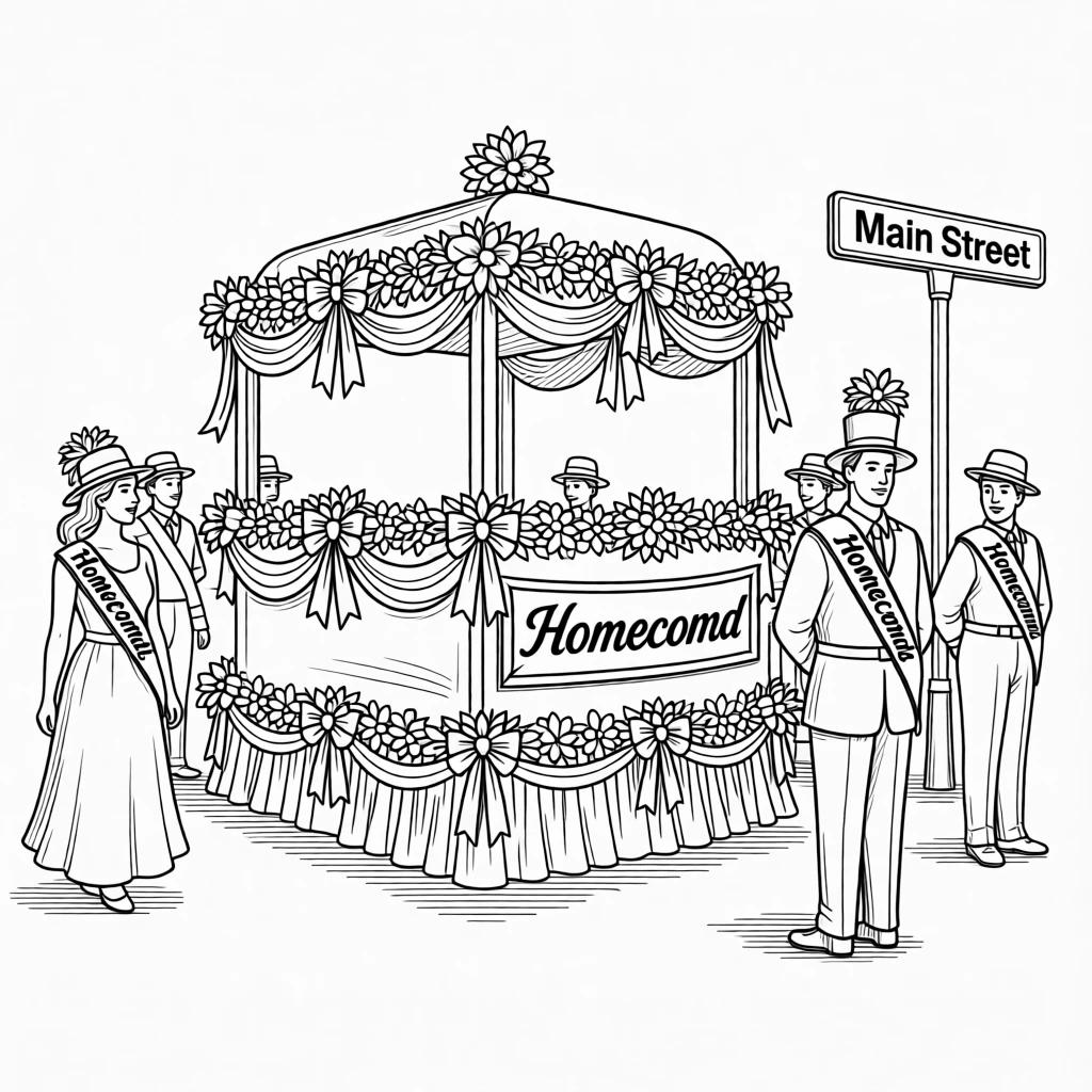 A homecoming parade with a decorated float