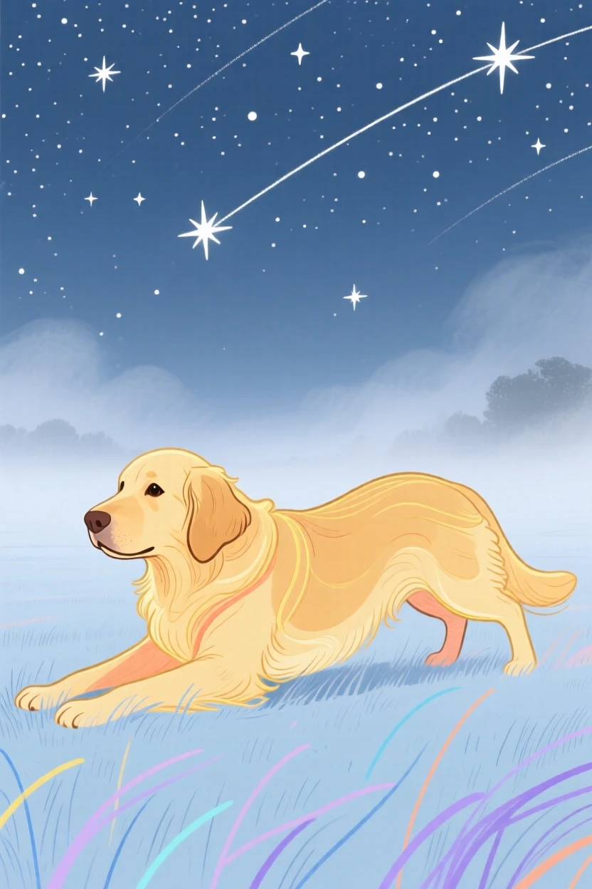 A golden retriever stretching in the morning light in a misty morning field under a clear starry sky.