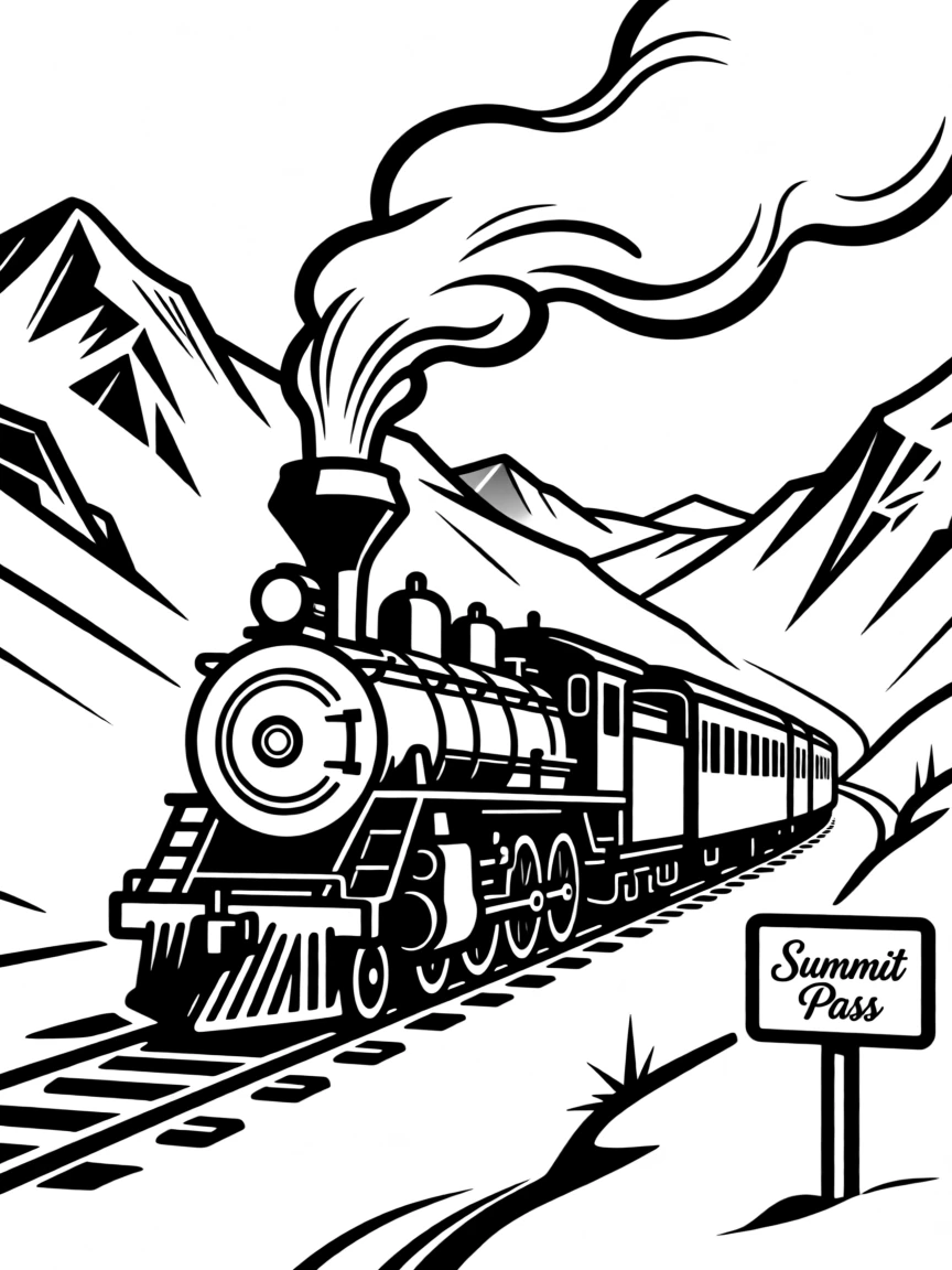 A vintage steam train crossing a snow-covered mountain pass.