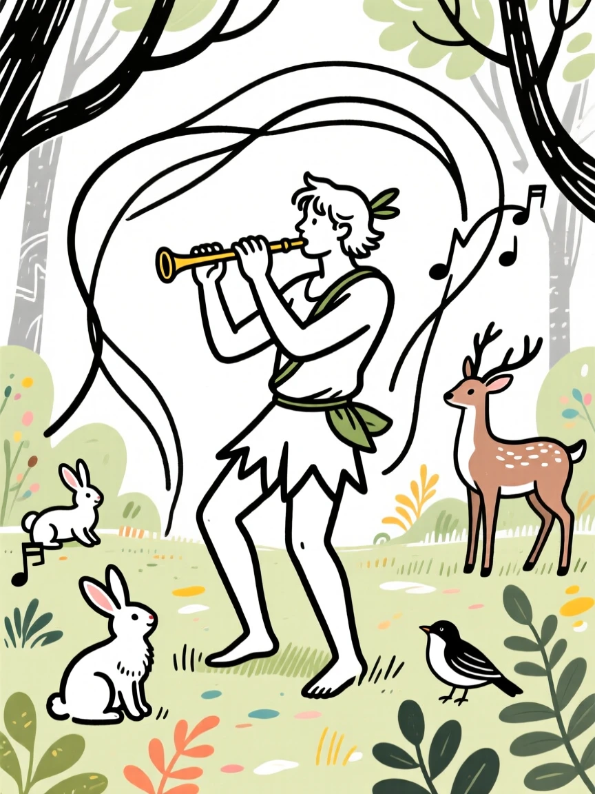 Pan playing his pipes for woodland creatures in an enchanted glade.