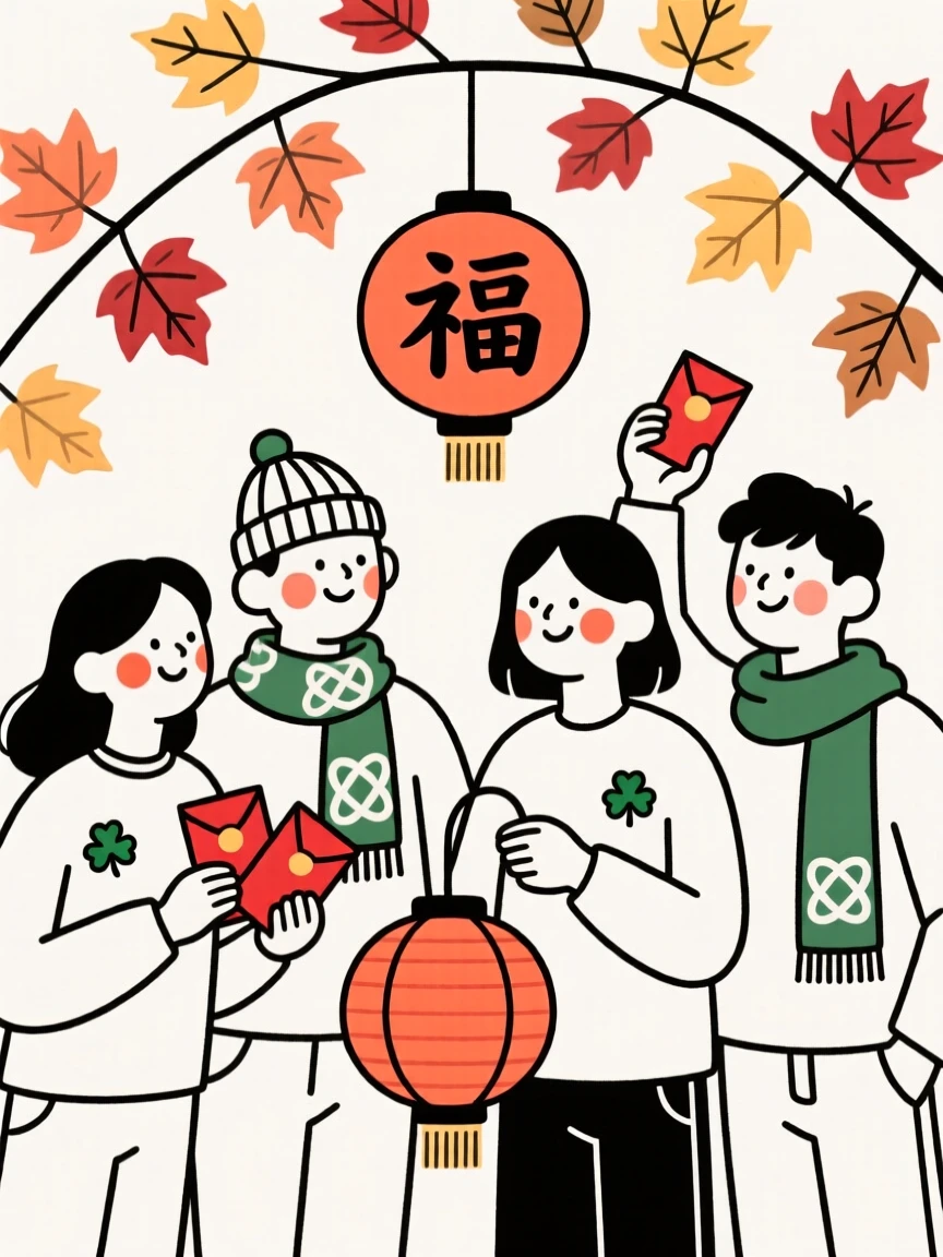 A group of friends of Irish heritage celebrating Lunar New Year, under a canopy of autumn leaves.