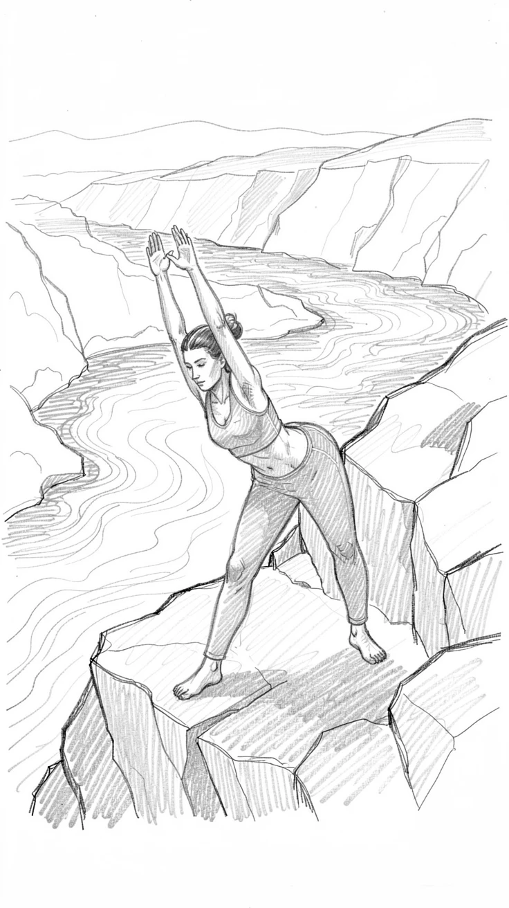 A dynamic action shot of a yoga practitioner holding a pose on a cliffside beside a rushing river, with total calm and concentration.