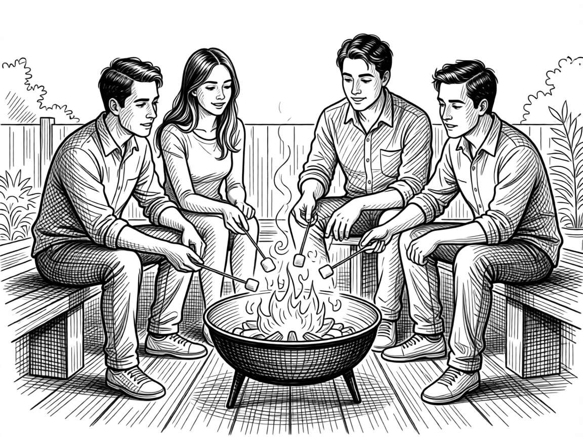A group of friends roasting marshmallows over a backyard fire pit.