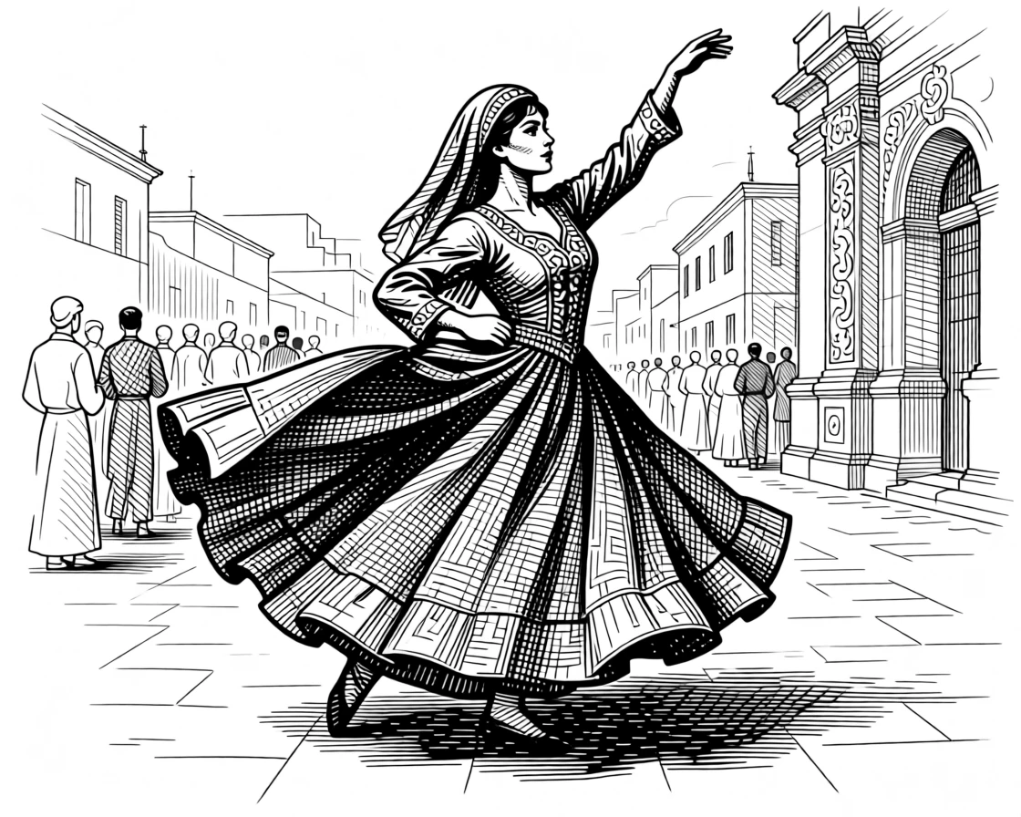 A traditional dance performed in colorful costume amid the quiet hum of a bustling old city, with ornate carvings adorning nearby structures, portrayed in a timeless and reverent historical scene.