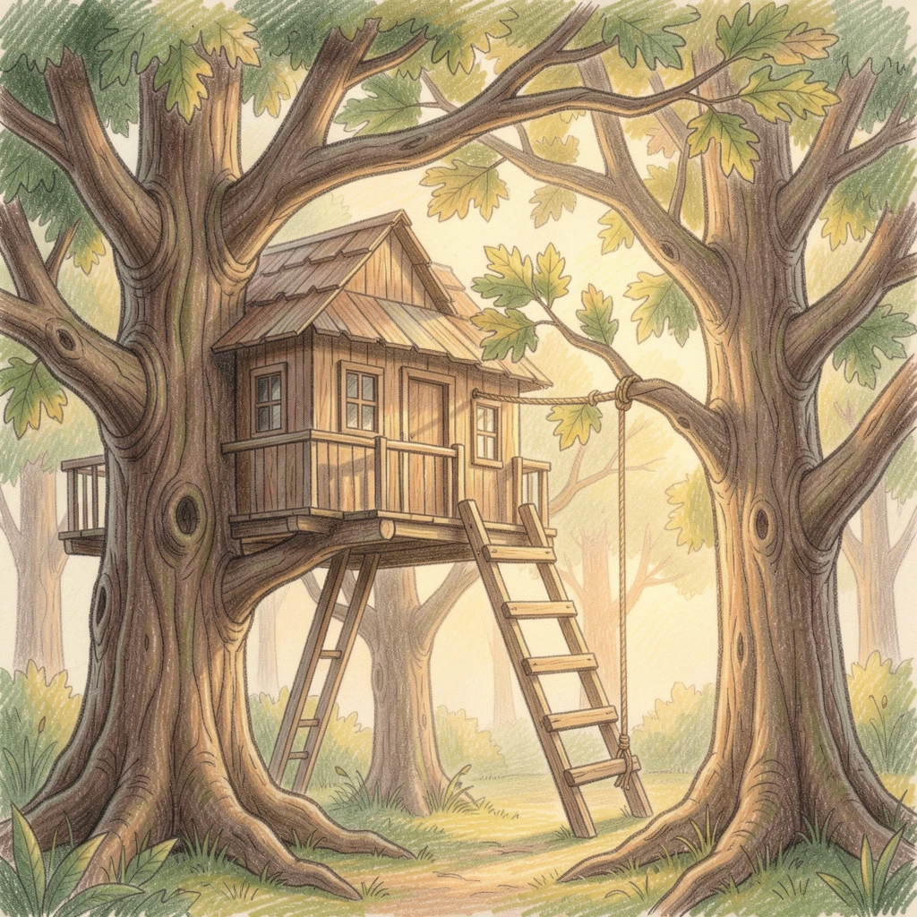 A rustic treehouse fort built by children among tall oak branches, set against a softly lit, atmospheric backdrop, celebrating a moment people would love to revisit.