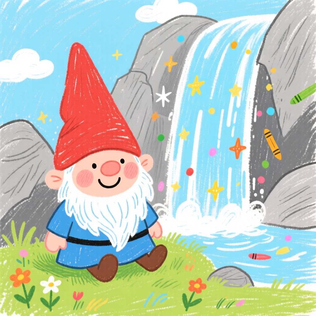 A friendly gnome resting beside a sparkling magical waterfall.