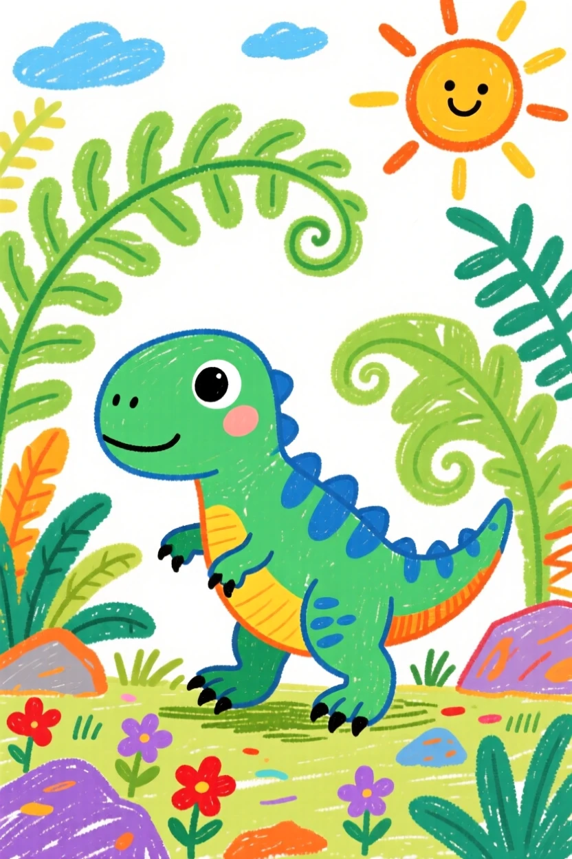 A curious baby velociraptor in a prehistoric jungle filled with giant ferns.