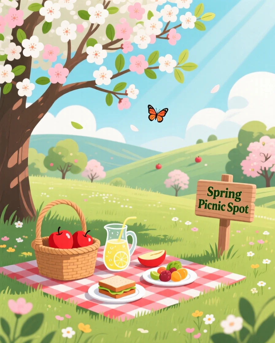A cheerful spring picnic beneath a blossoming apple tree, set within a peaceful outdoor seasonal scene, composed with balanced natural elements throughout, with a fresh, crisp atmosphere throughout.