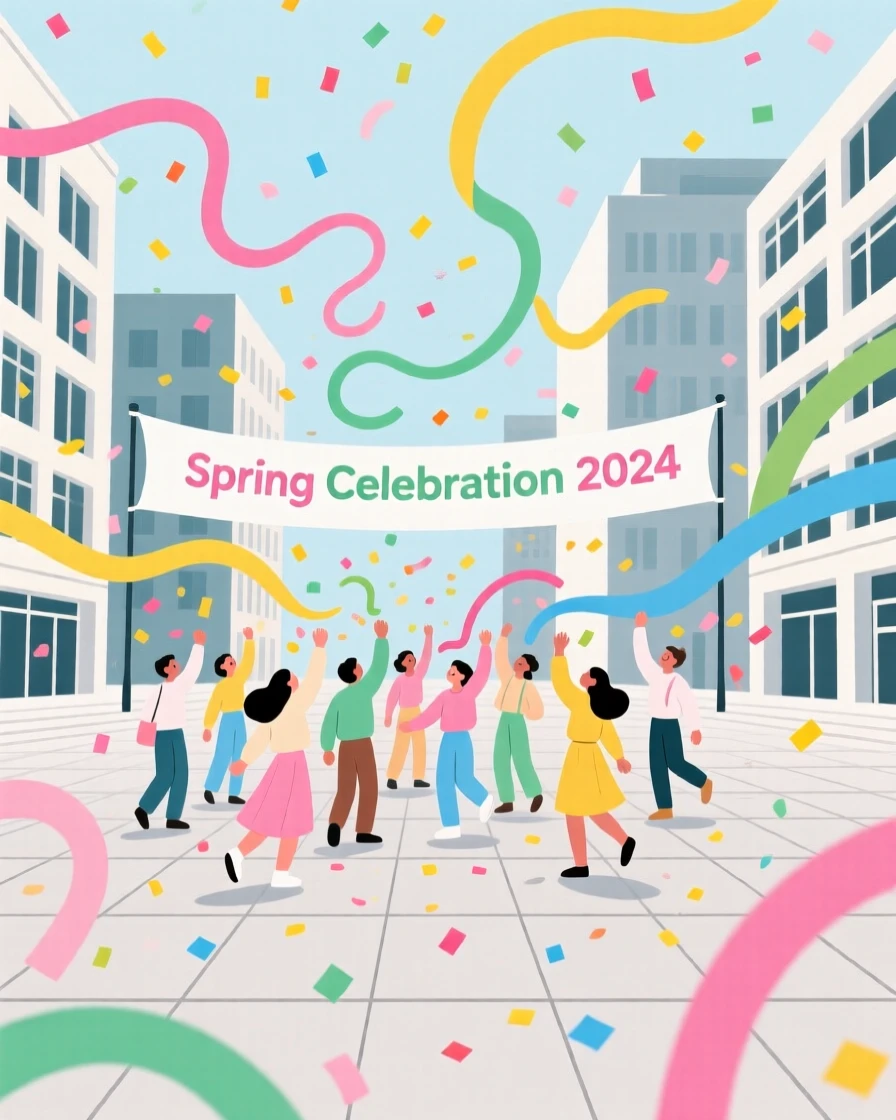 A spring celebration with confetti and streamers filling a city plaza.