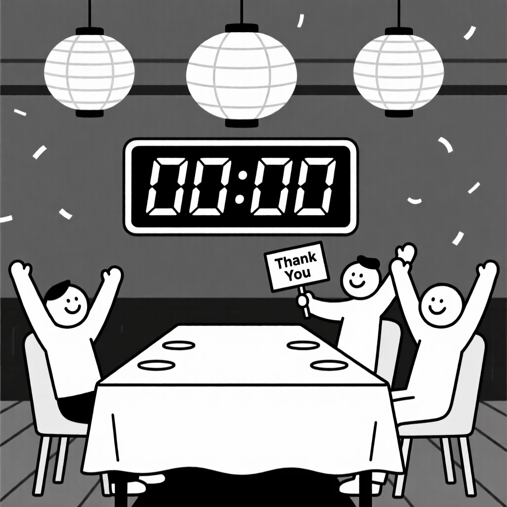 A joyful New Year's countdown taking place in a decorated banquet hall, decorated with paper lanterns, full of heartfelt gratitude.