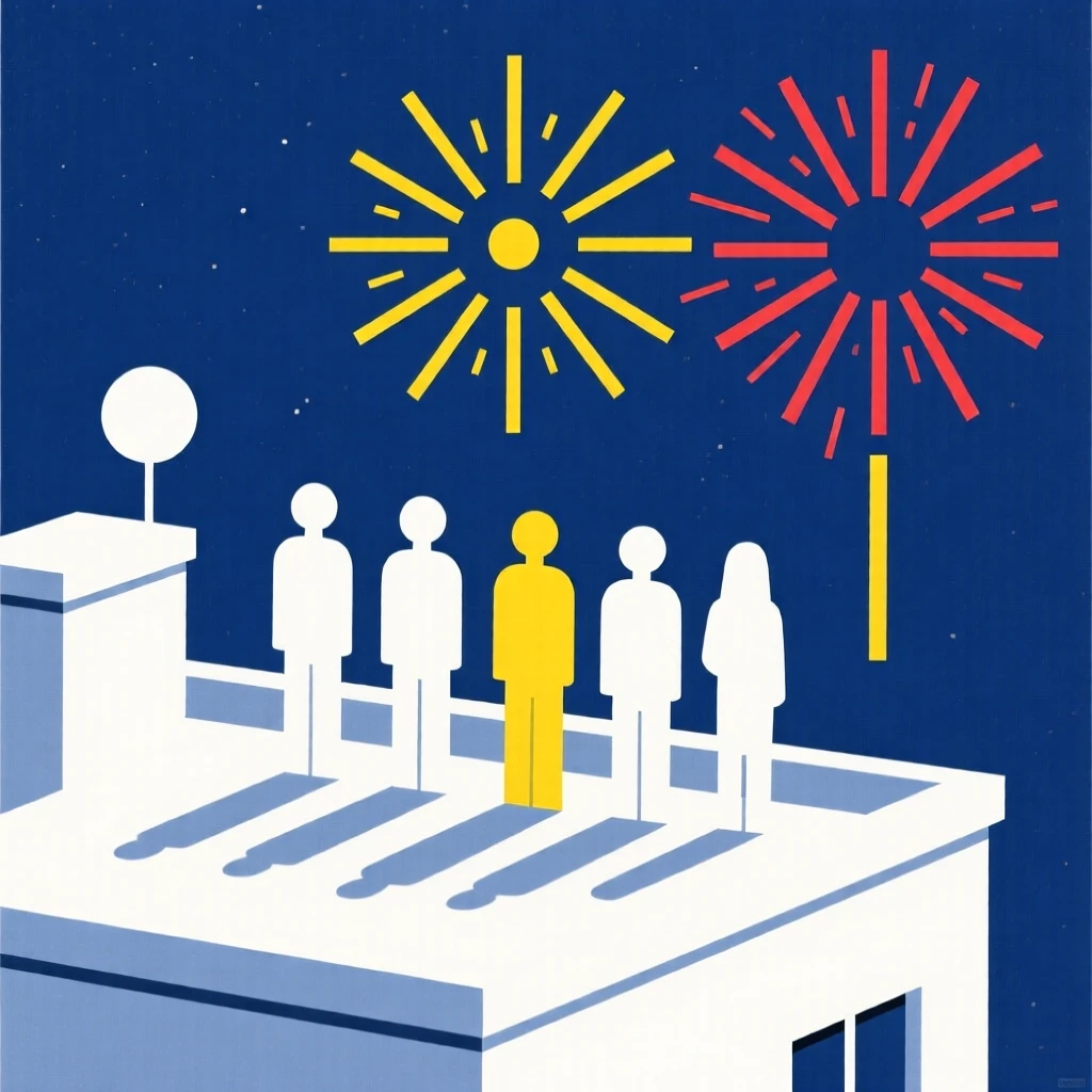 A group of people watching fireworks from a rooftop