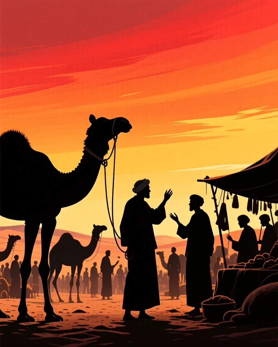 A camel market bustling with traders beneath a vast desert sky.