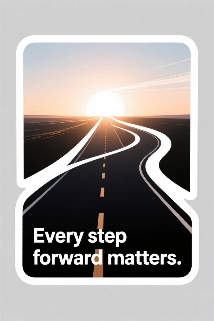 A deeply peaceful scene of a open road stretching toward a bright horizon, with light breaking gently through the scene, reminding us that every step forward matters.