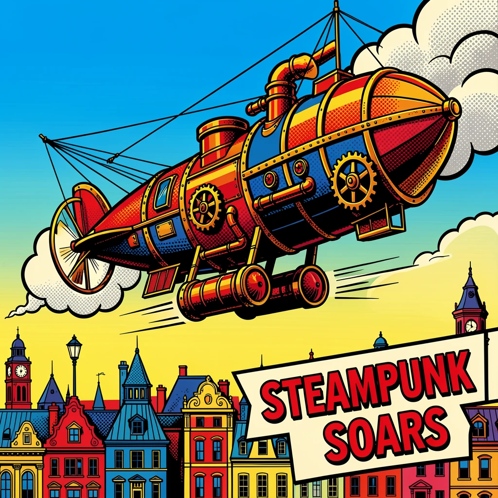 A steampunk airship soaring above a Victorian city