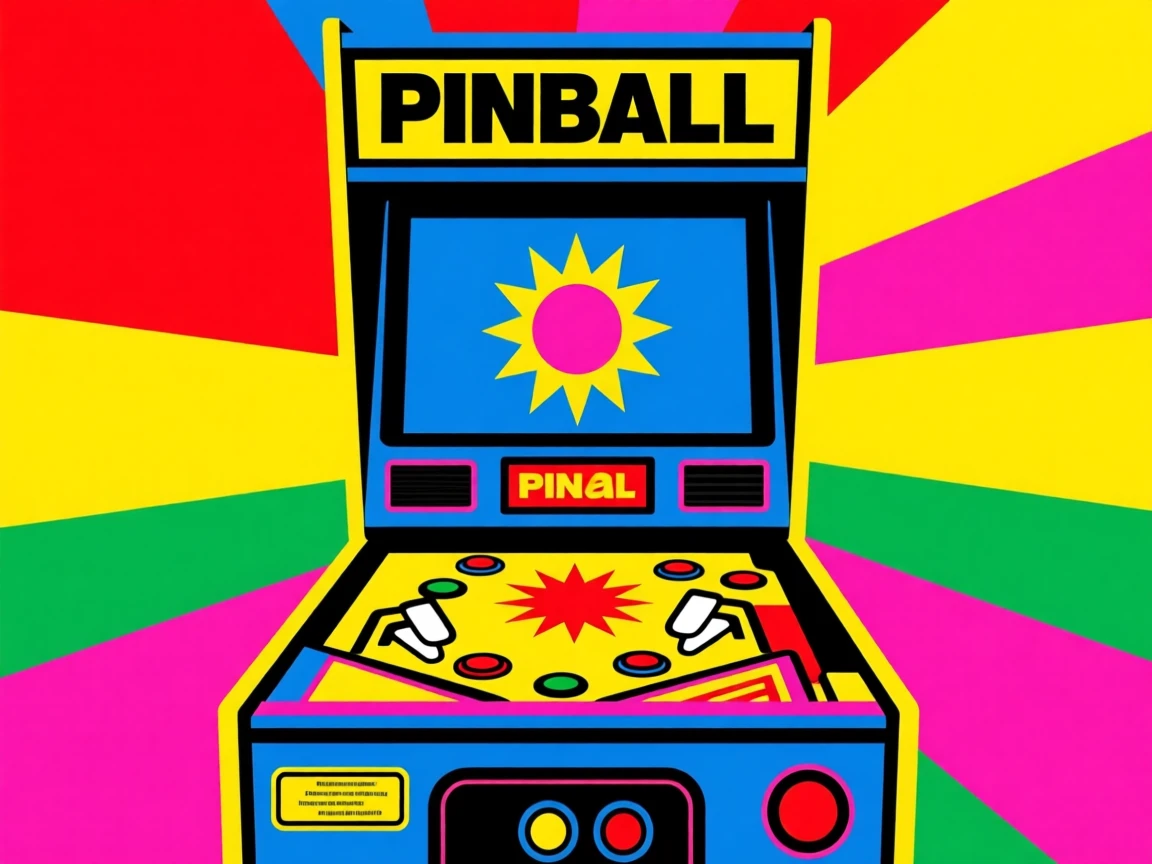 Retro pinball machine lit up with flashing lights