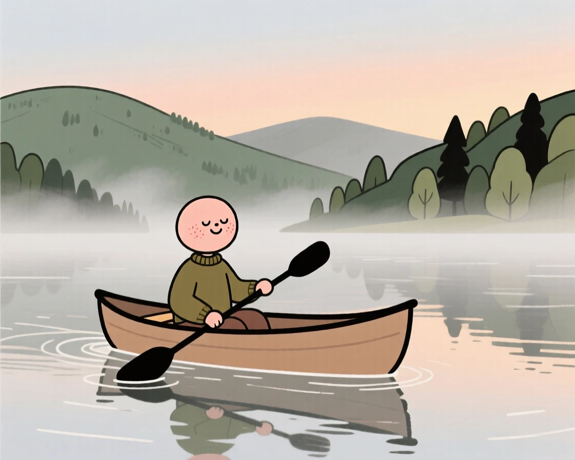 A lone canoe drifts across a still mountain lake as soft morning mist stretches across the surface and forested hills rise in the distance.