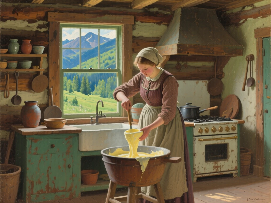 A sweeping wide shot of a woman churning butter in a rustic farmhouse kitchen, in the Canadian Rockies, in the height of summer.
