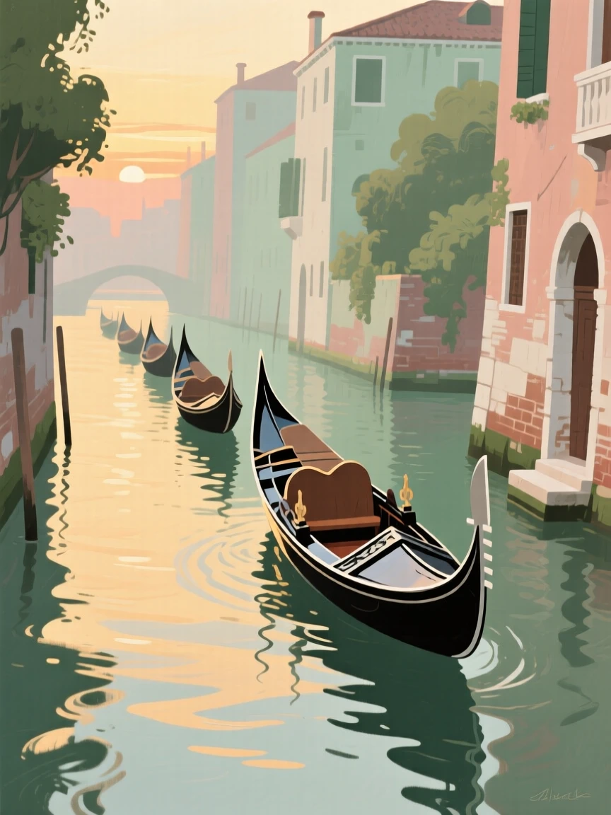 A row of gondolas gliding through a quiet canal at twilight