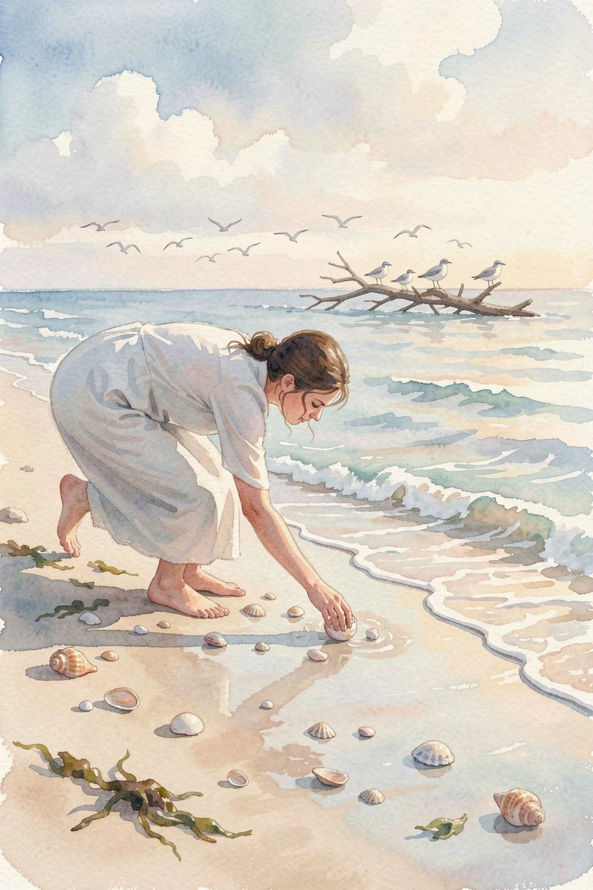 A woman collecting seashells along the shoreline as birds chirp softly in the background.