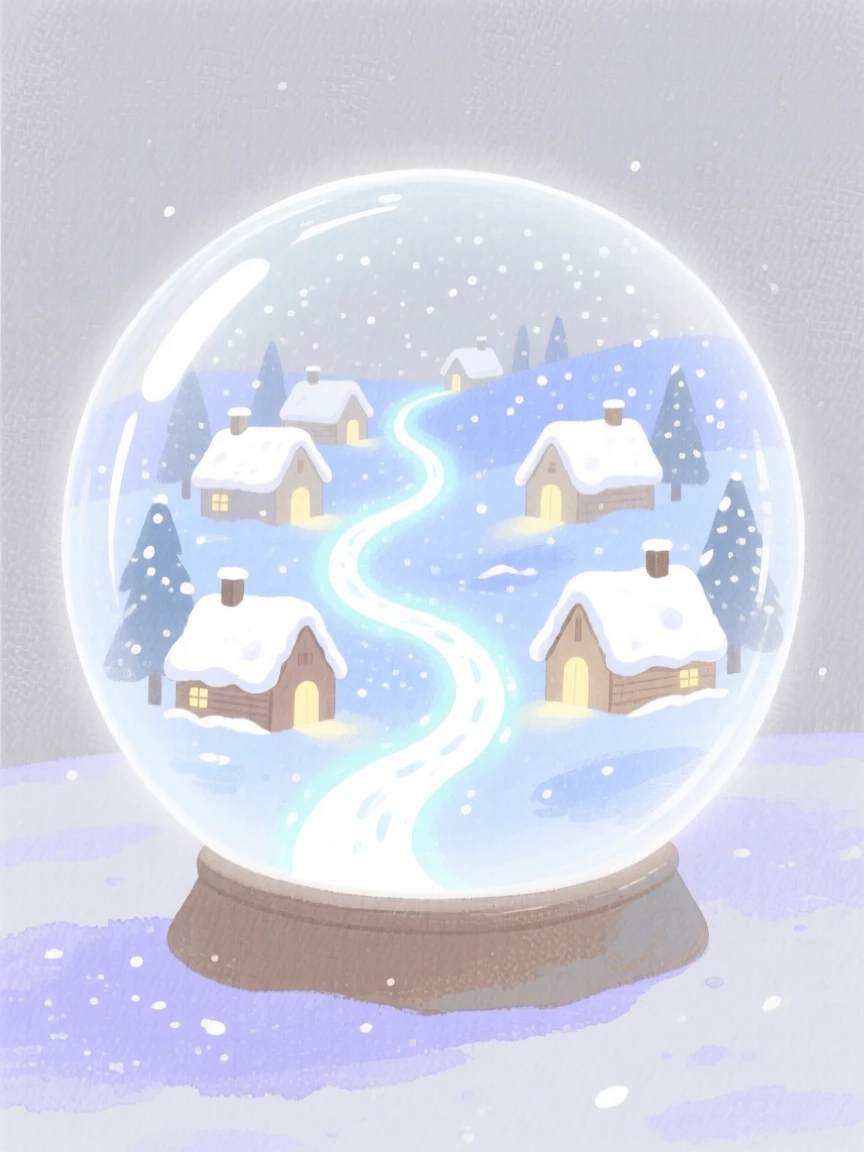 A dreamlike scene of a snow globe village, where every path glimmers faintly with light, inviting quiet wonder and imagination