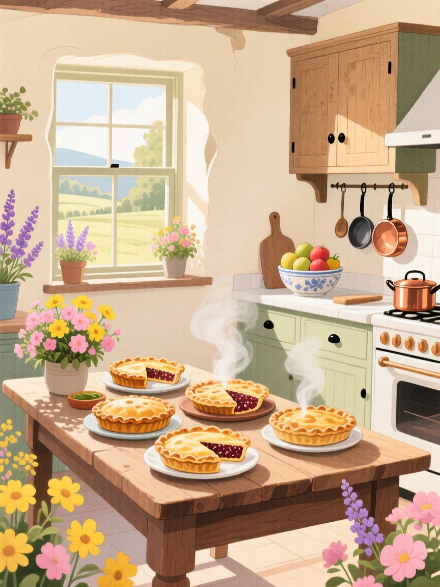 A countryside farmhouse kitchen filled with fresh pies, framed by blooming flowers and soft afternoon light.