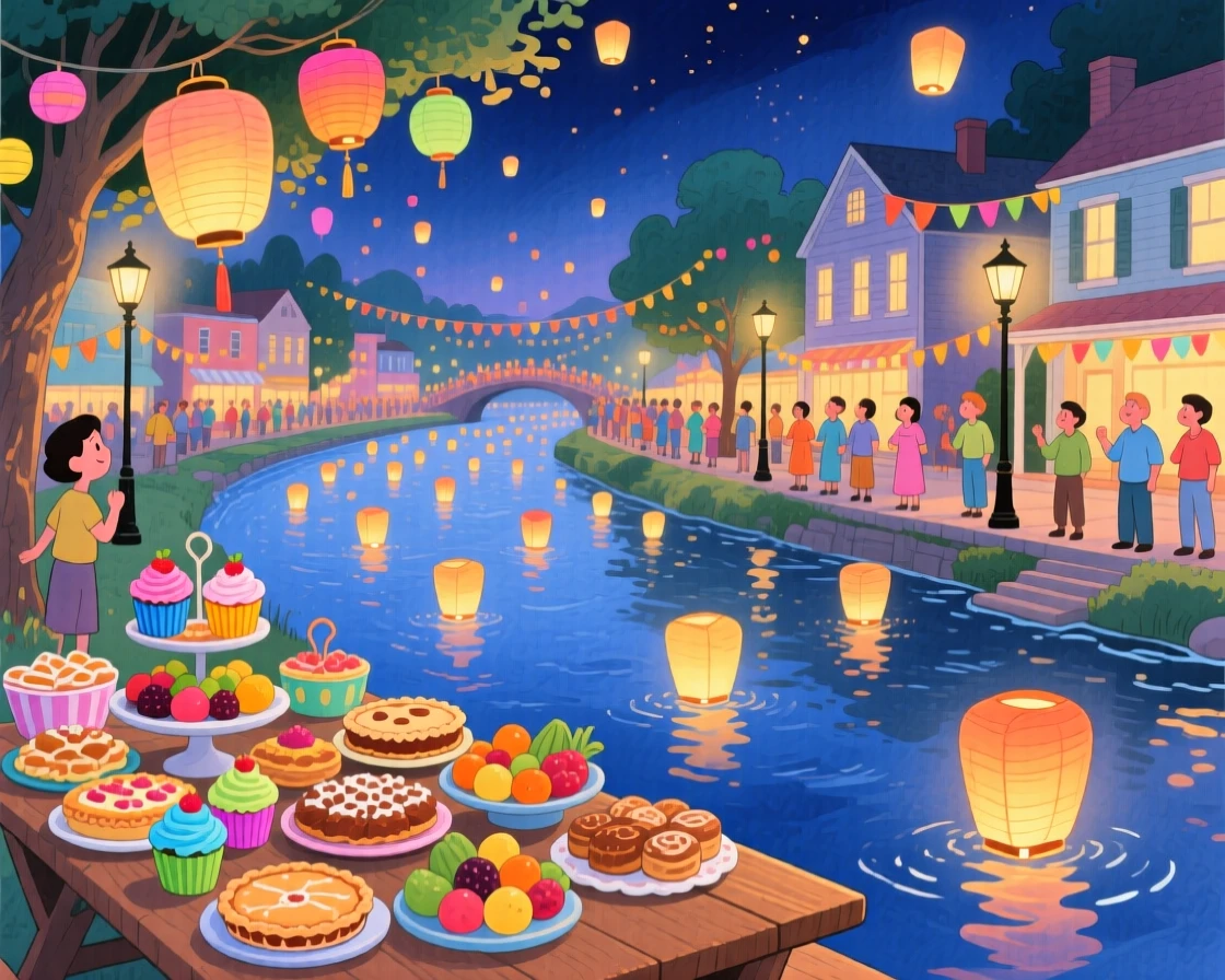 A festival parade with lanterns floating down a river, in a riverside town glowing with paper lanterns at night, with a table piled high with festive treats, evoking communal celebration and wonder.