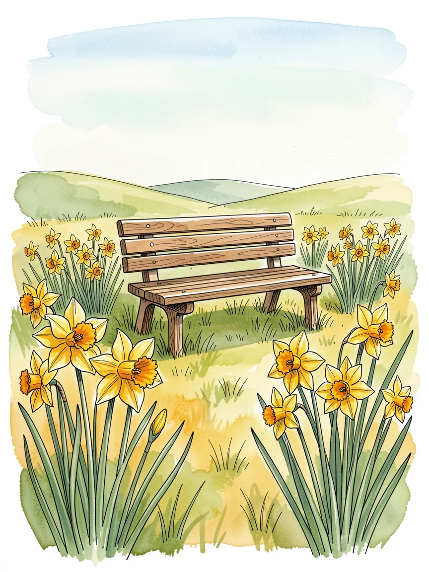 A spring meadow bursting with daffodils around a quiet garden bench, a festive warmth filling the entire scene.