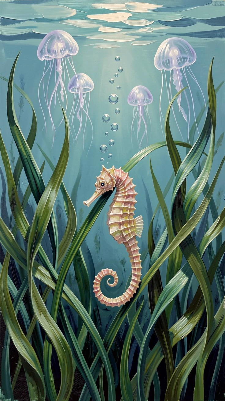A seahorse curled around a strand of sea grass, through a forest of swaying kelp, bubbles rising gently to the surface, beneath a scattering of drifting jellyfish, gently glowing.