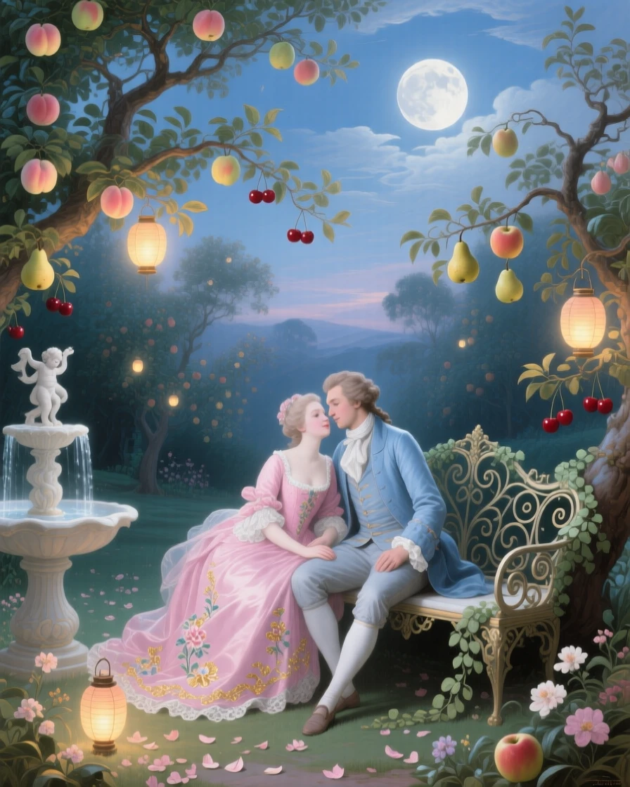 A moonlit orchard where every fruit glows like a small lantern  