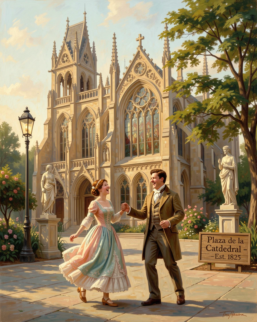 A young couple plays in a plaza before an ornate cathedral under a warm afternoon sun.