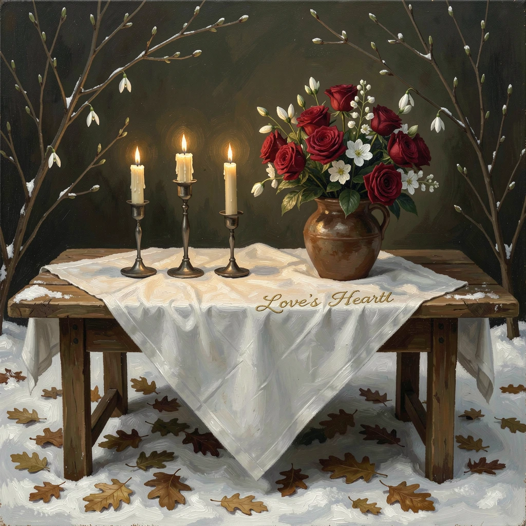 A Valentine's Day dinner table set with candles and a bouquet of roses, with authentic seasonal textures like snow, leaves, or blossoms, offering a joyful, memorable seasonal scene for any collection