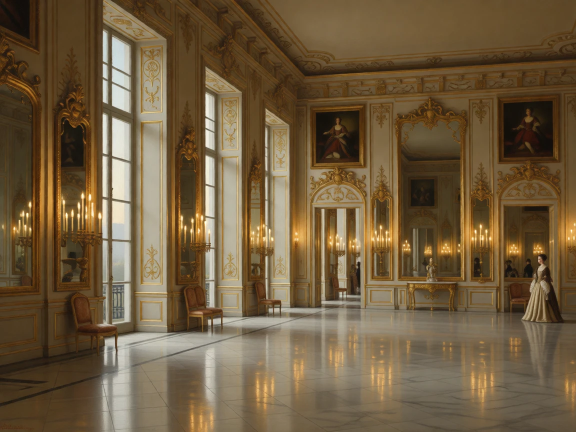 A grand ballroom with mirrored walls multiplying candlelight endlessly catching the first light of morning through tall windows, set within a royal residence steeped in history, with intricate carvings, gilded frames, and polished marble underfoot; warm interior light contrasts with cool light spilling in from outside, filled with hushed splendor and architectural harmony.