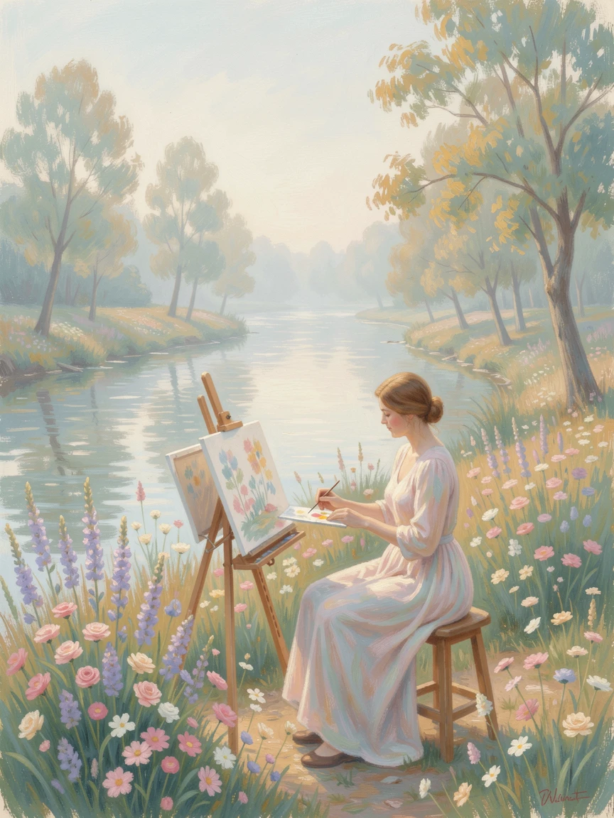 A woman painting watercolors beside a tranquil river, her easel set among wildflowers, in the gentle hush of early morning, evoking timeless charm and quiet elegance.