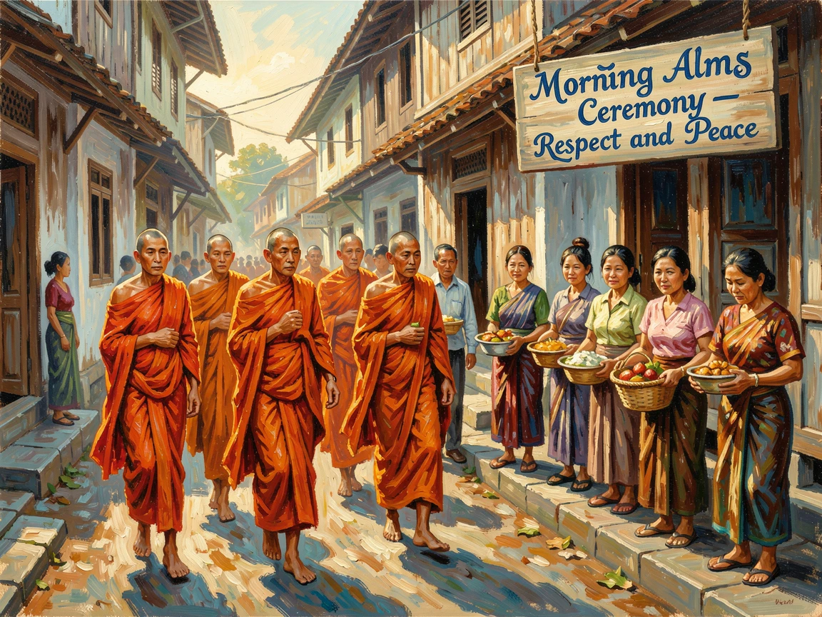 Monks in saffron robes collecting morning alms along a quiet street in Luang Prabang.