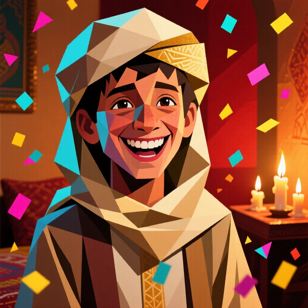 A candid medium shot of a teenage boy of Bedouin heritage grinning as confetti falls around them, inside a cozy candlelit room.