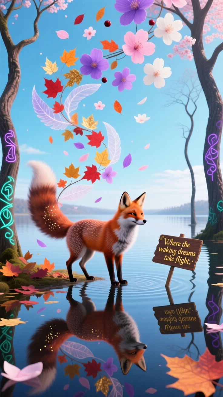 A fox whose tail unfurls into a trail of autumn leaves wanders along the edge of a mirror-smooth lake, as flower petals fall gently from a clear sky.
