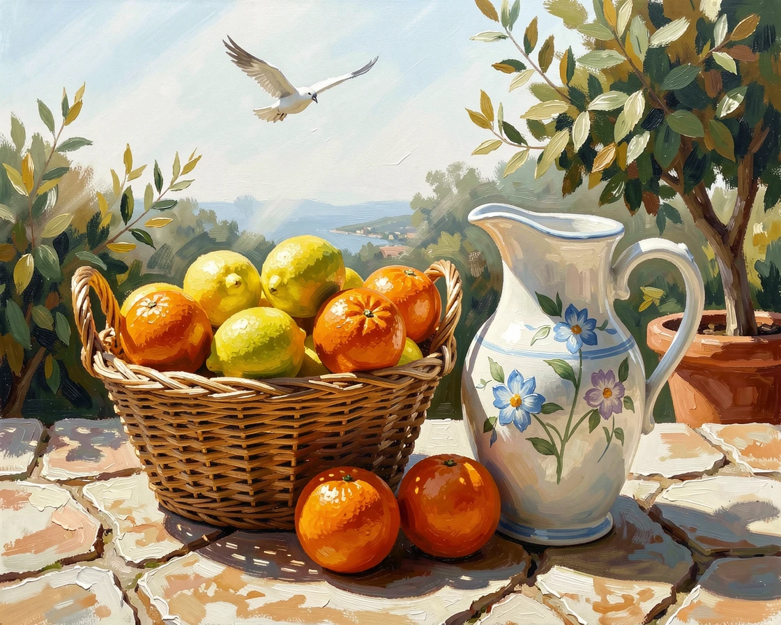 A cluster of fresh lemons and oranges spills from a woven basket beside a ceramic pitcher on a sun-drenched Mediterranean terrace, the silence broken only occasionally by the call of a bird crossing the open sky.