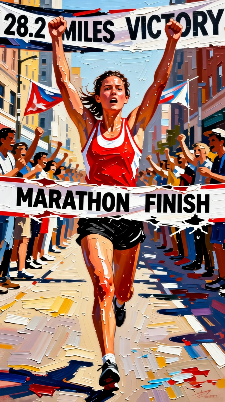 A marathon runner crossing the finish line, arms raised in exhausted triumph