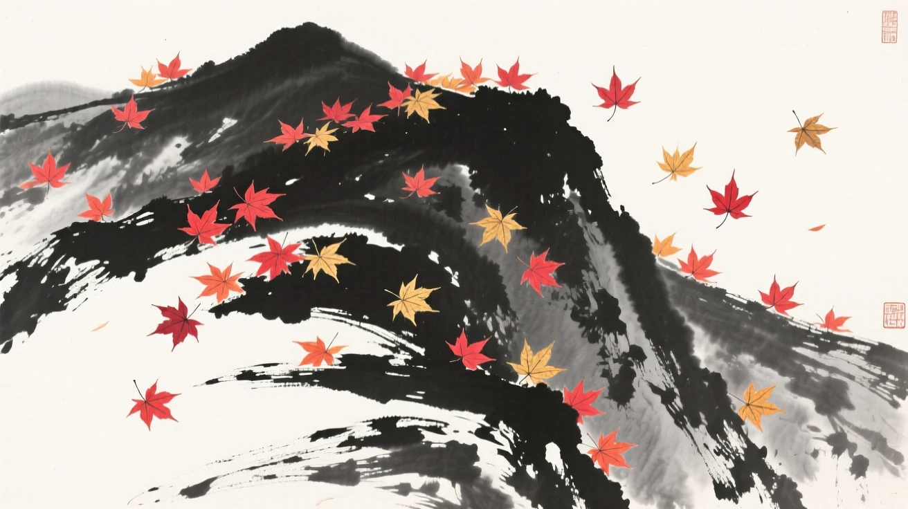 Maple leaves blaze red and gold across a mountain slope, as the last warmth of the season lingers in the air.