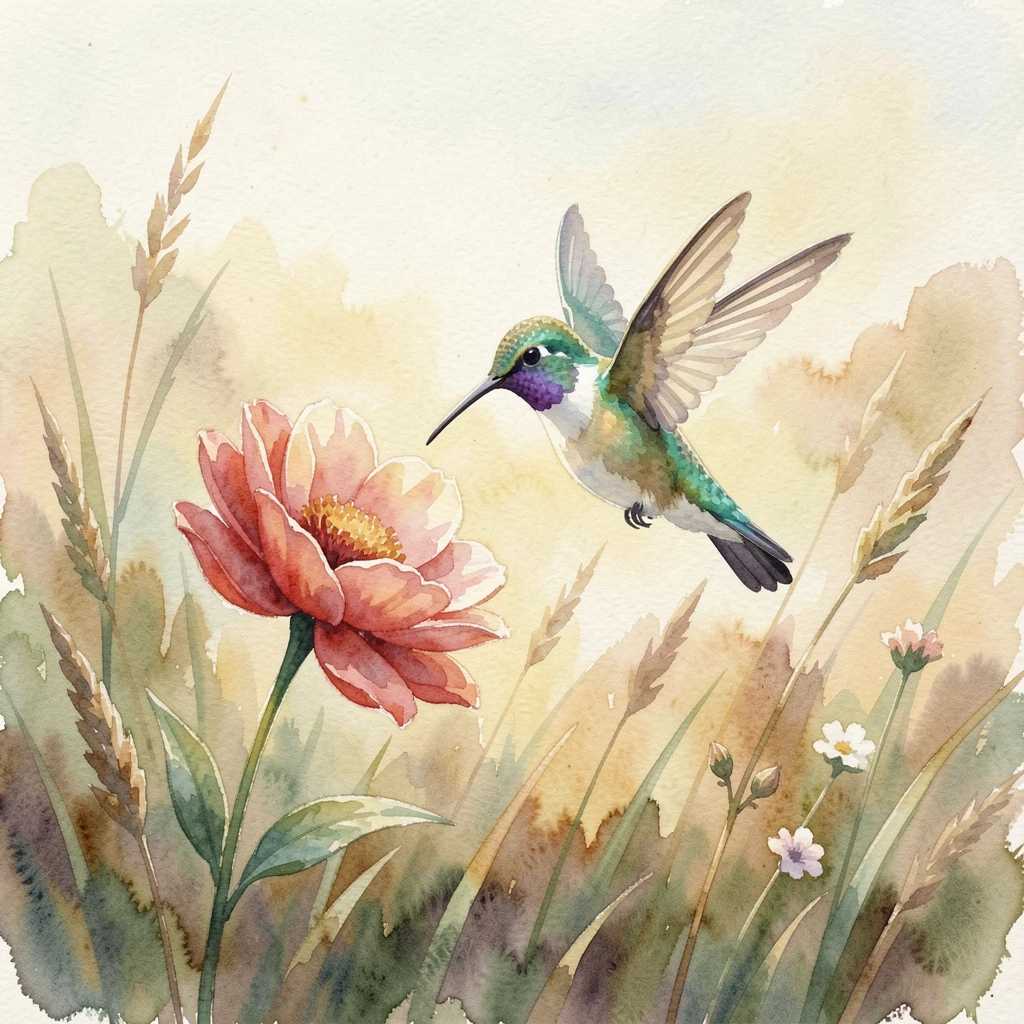 A hummingbird hovering near a flower in a sunlit meadow.