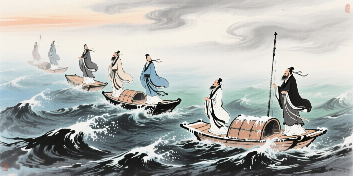 The eight immortals crossing a stormy sea, each upon their own vessel, as winter frost settles, through swirling morning fog, at dawn.