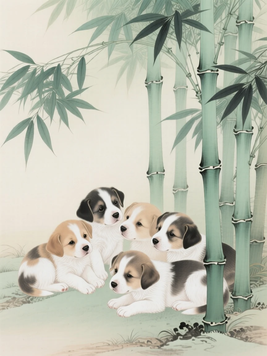 A litter of puppies nestled among bamboo stalks