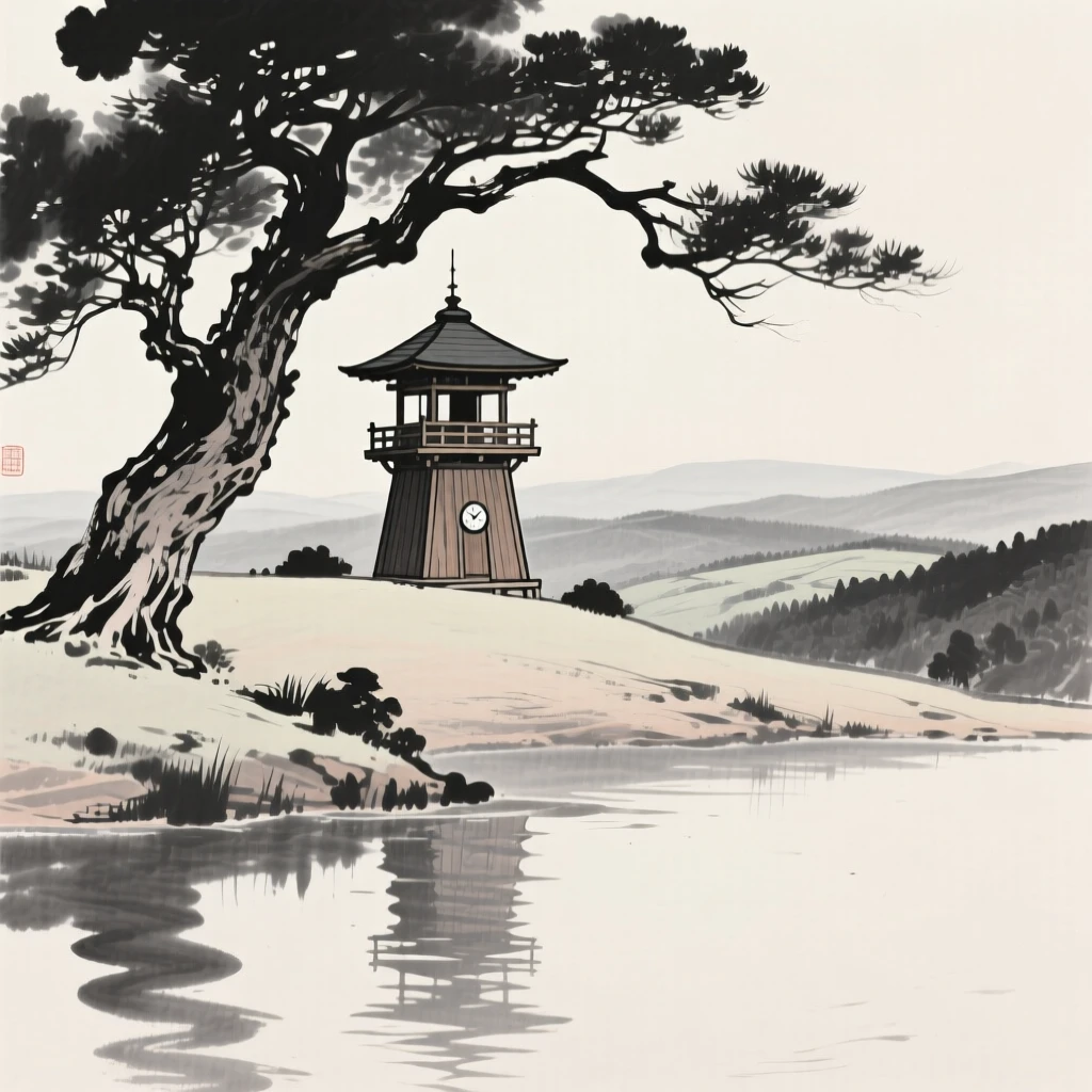 A wooden watchtower overlooking a valley beneath the shade of an ancient tree, seen from across still water, reflected on the surface, suggesting timeless craftsmanship and peaceful tradition.
