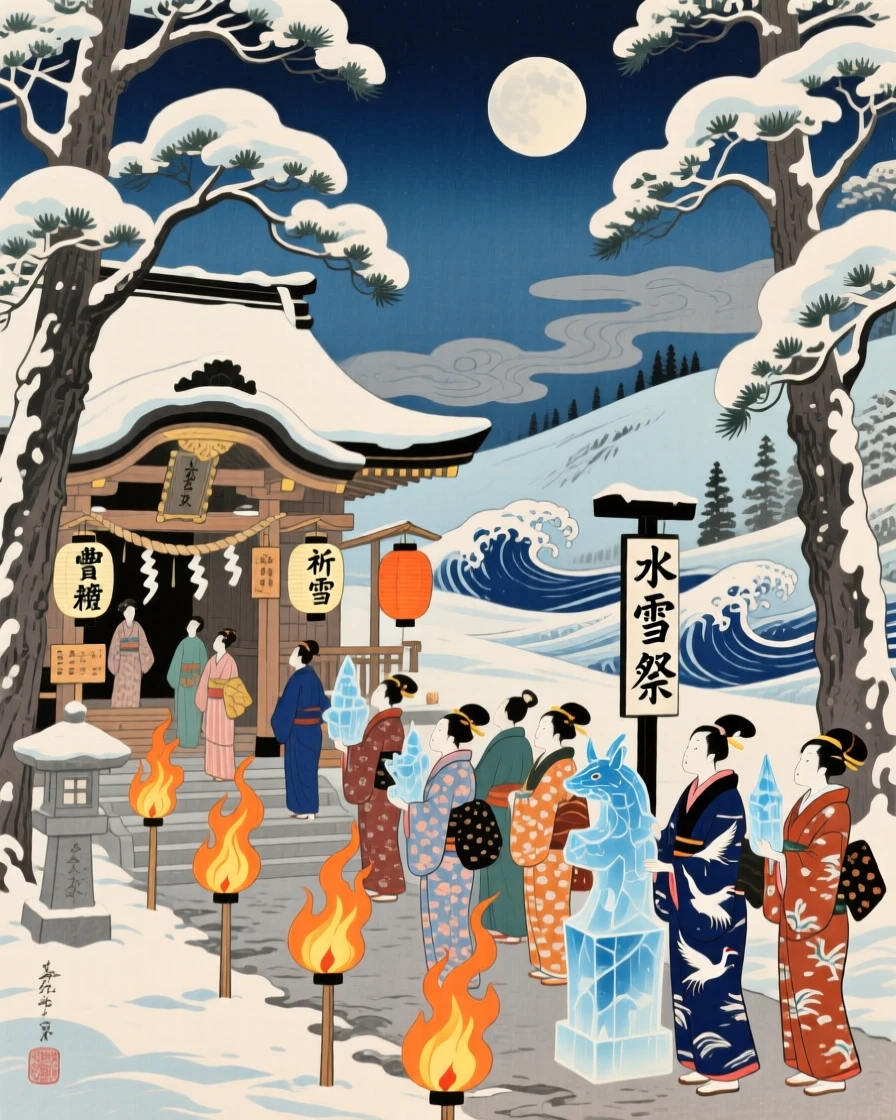 A snow and ice festival gathered at a torch-lit shrine at midnight.