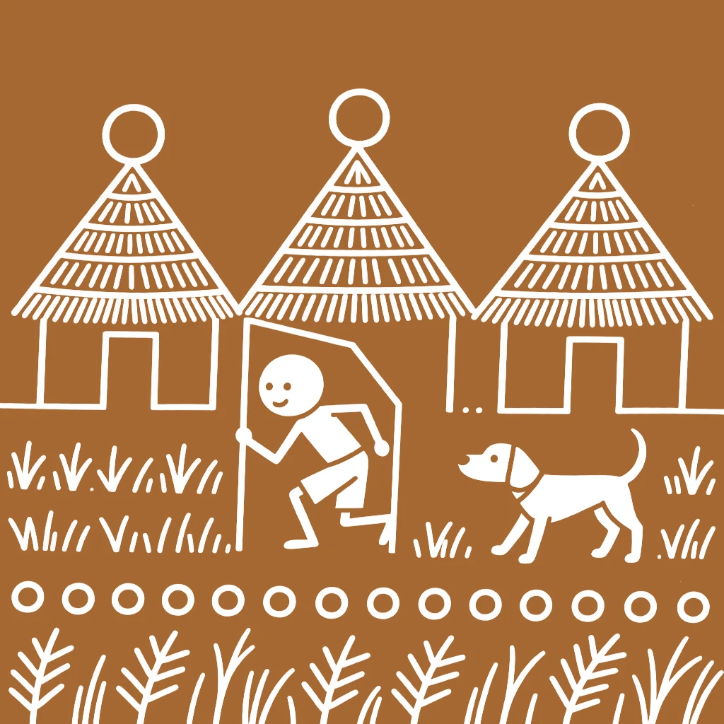 A boy and his pet dog playing hide and seek behind a row of huts.