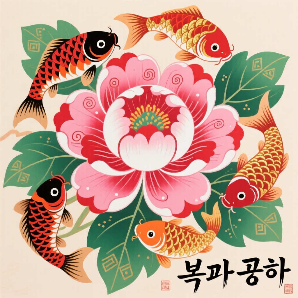 A school of koi fish resting on a blooming peony.