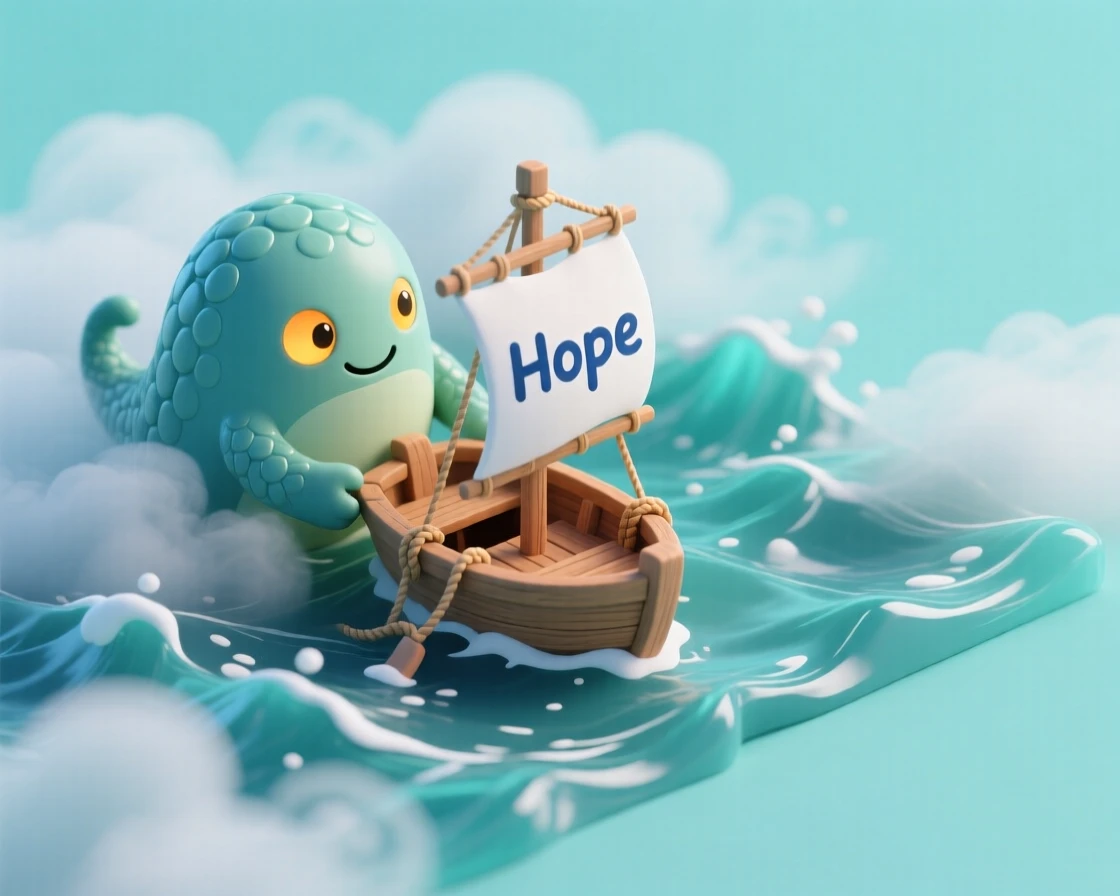 A friendly sea monster helping fishermen guide their boat safely through a storm, its glowing eyes cutting through the fog.