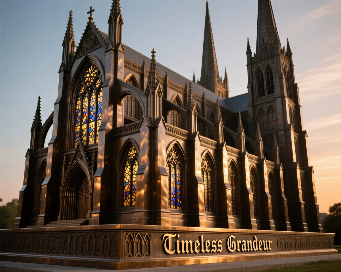 A grand gothic cathedral with soaring stained glass windows, glowing softly in the light of dusk, exuding timeless grandeur