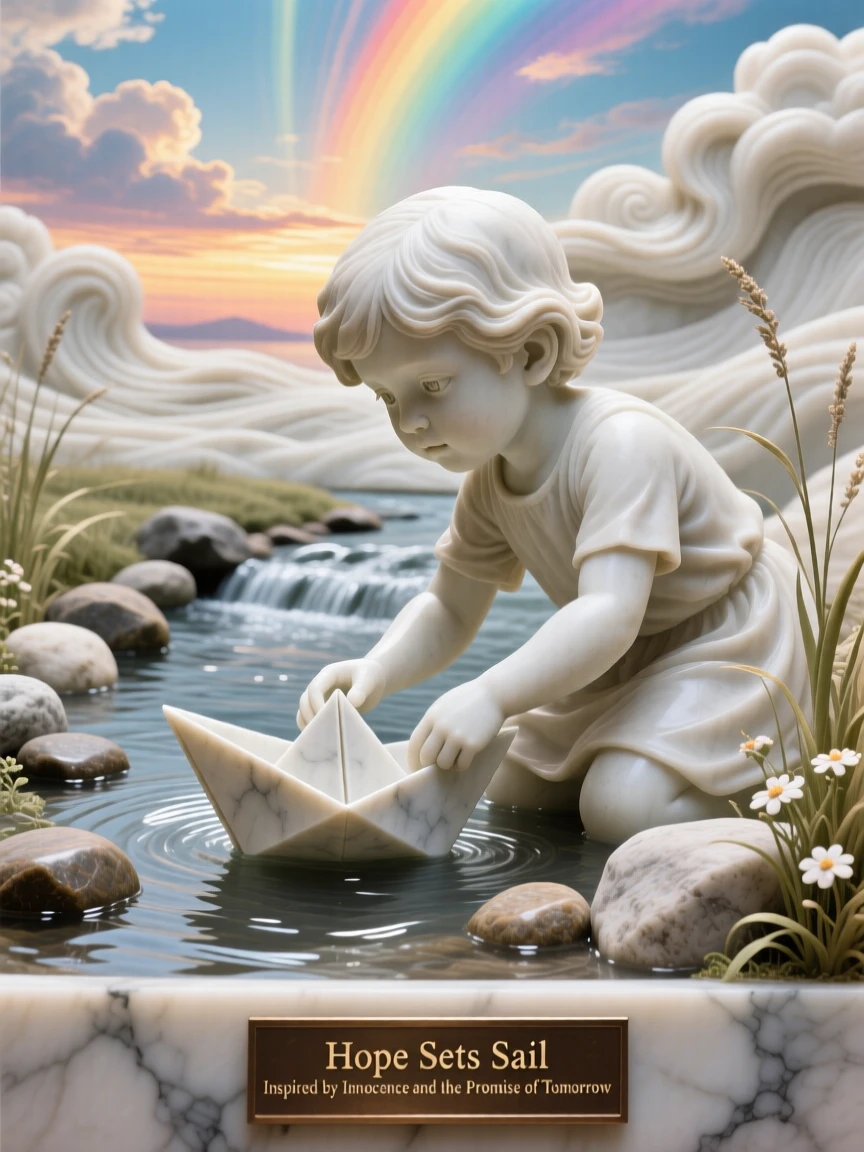 A vivid, emotionally rich scene of a child releasing a paper boat into a stream, under a brilliant, colorful sky, designed to captivate and inspire