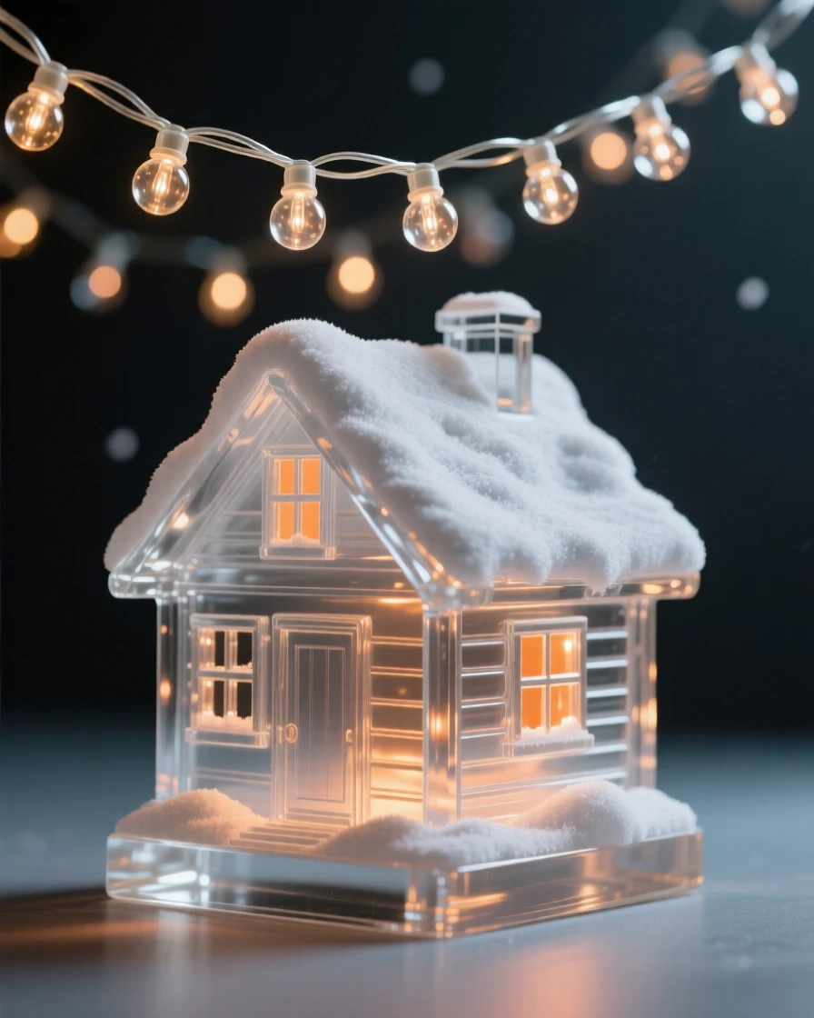 Beneath strings of twinkling holiday lights, a snowy cabin glowing warmly against a dark winter sky